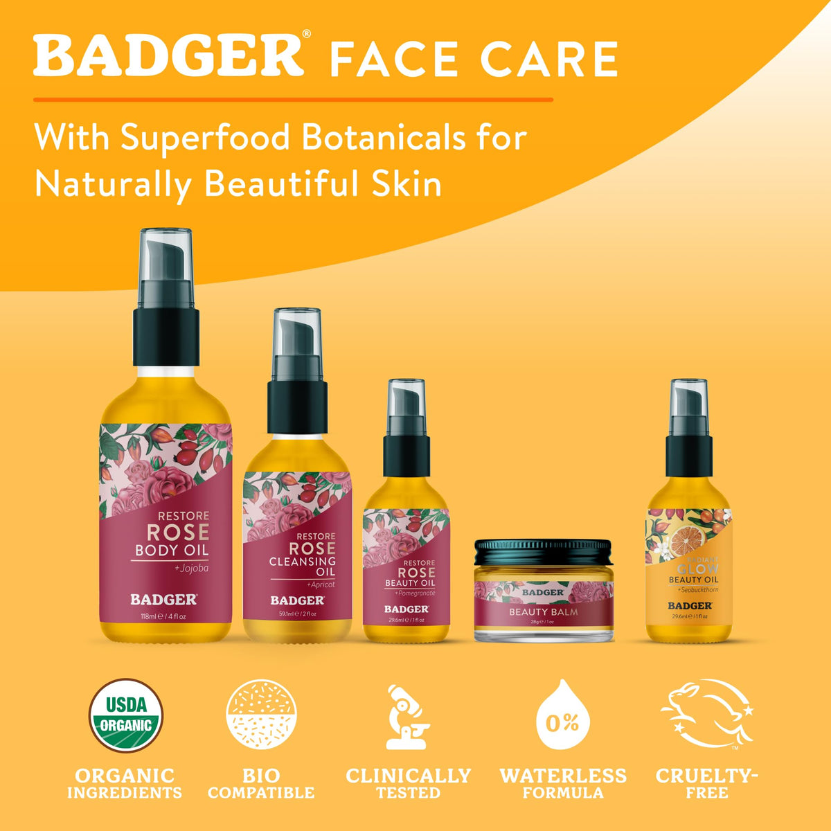 Badger seabuckthorn key botanicals flatlay showing seabuckthorn berries and jojoba for antioxidant support