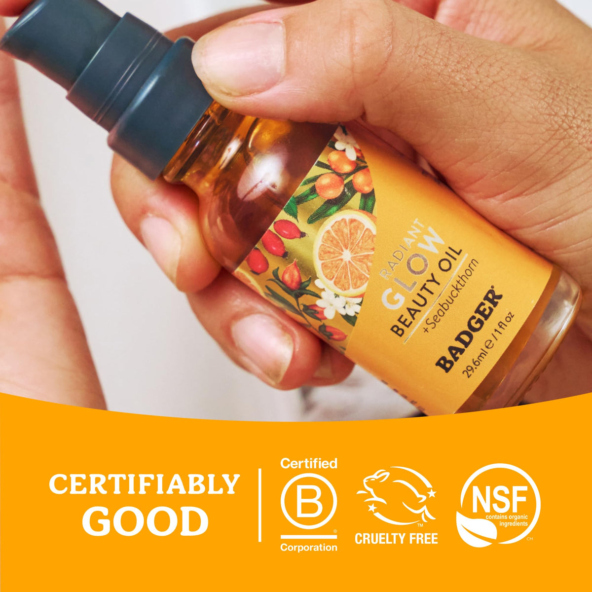 Badger seabuckthorn sustainable packaging detail showing recyclable glass and eco-conscious production