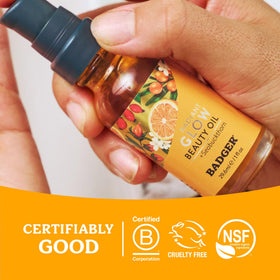 Badger seabuckthorn sustainable packaging detail showing recyclable glass and eco-conscious production