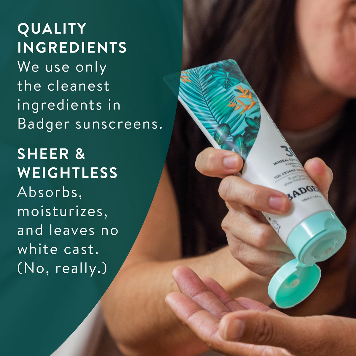 Badger size comparison beside sunglasses, travel-friendly SPF 30 combo