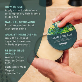 Badger styled hair in lifestyle setting, highlights versatile natural-looking finish