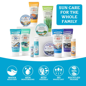 Badger sunscreen on beach towel showing outdoor use and water-resistant benefit