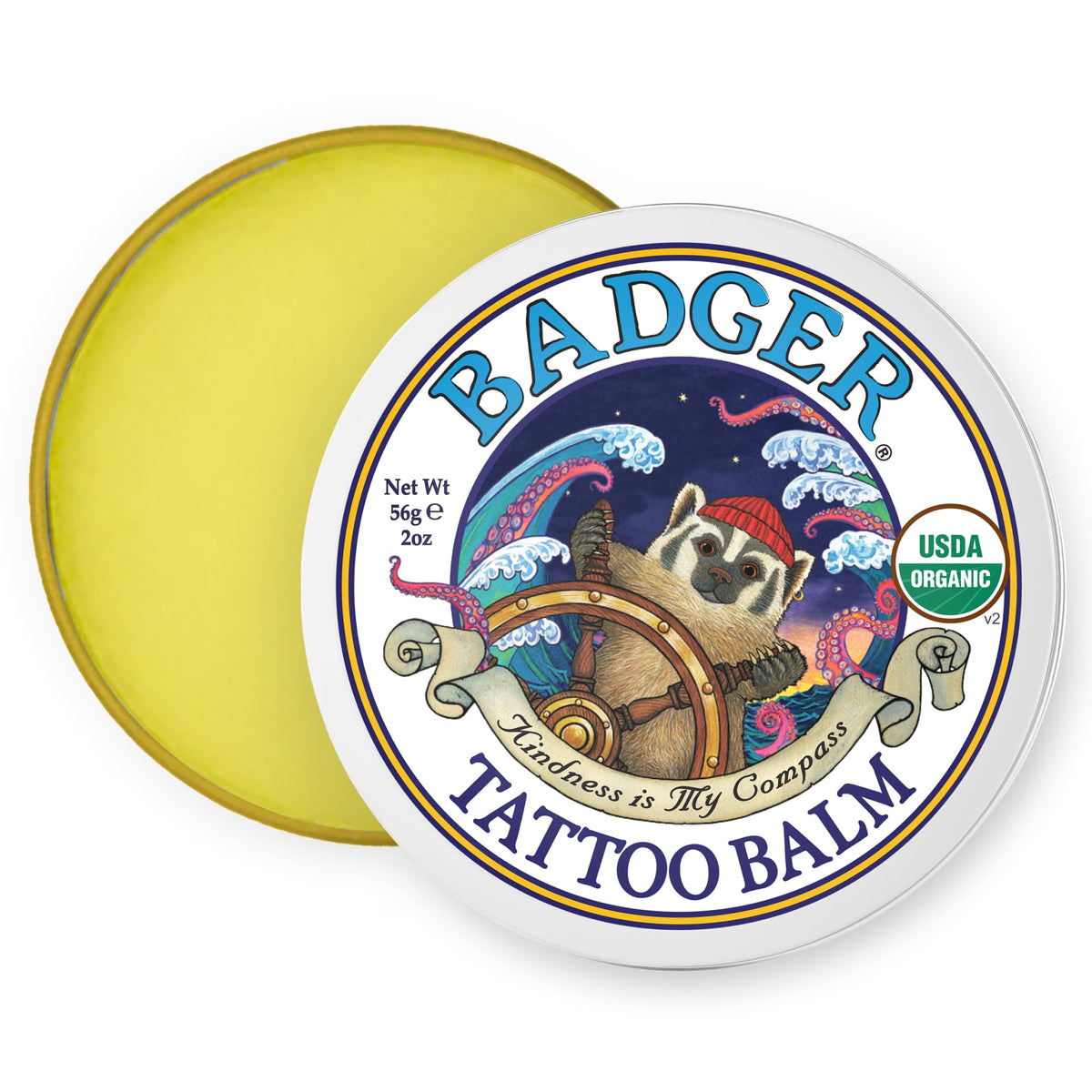 Badger tattoo balm front tin showing packaging and brand benefit