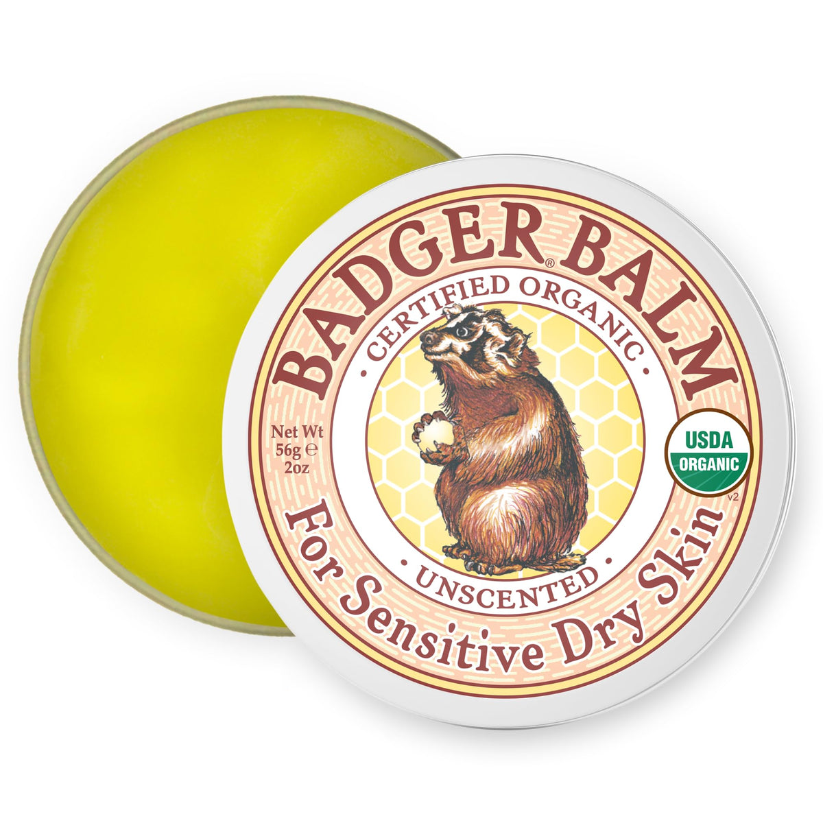 Badger unscented front tin showing label and organic claim for easy identification