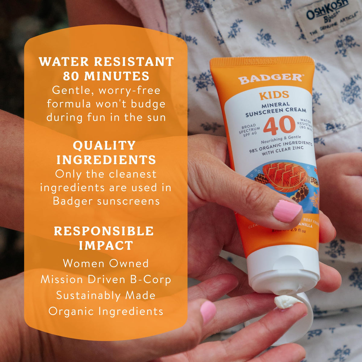 Badger sunscreen at beach showing 80-minute water resistance advantage