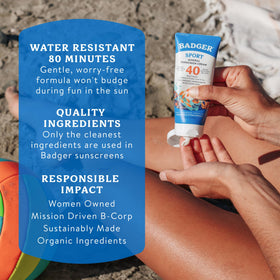 Badger sunscreen in water splash scene highlighting 80-minute water resistance benefit