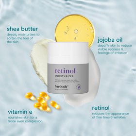 Baebody ingredient label highlighting retinol, jojoba oil, vitamin E