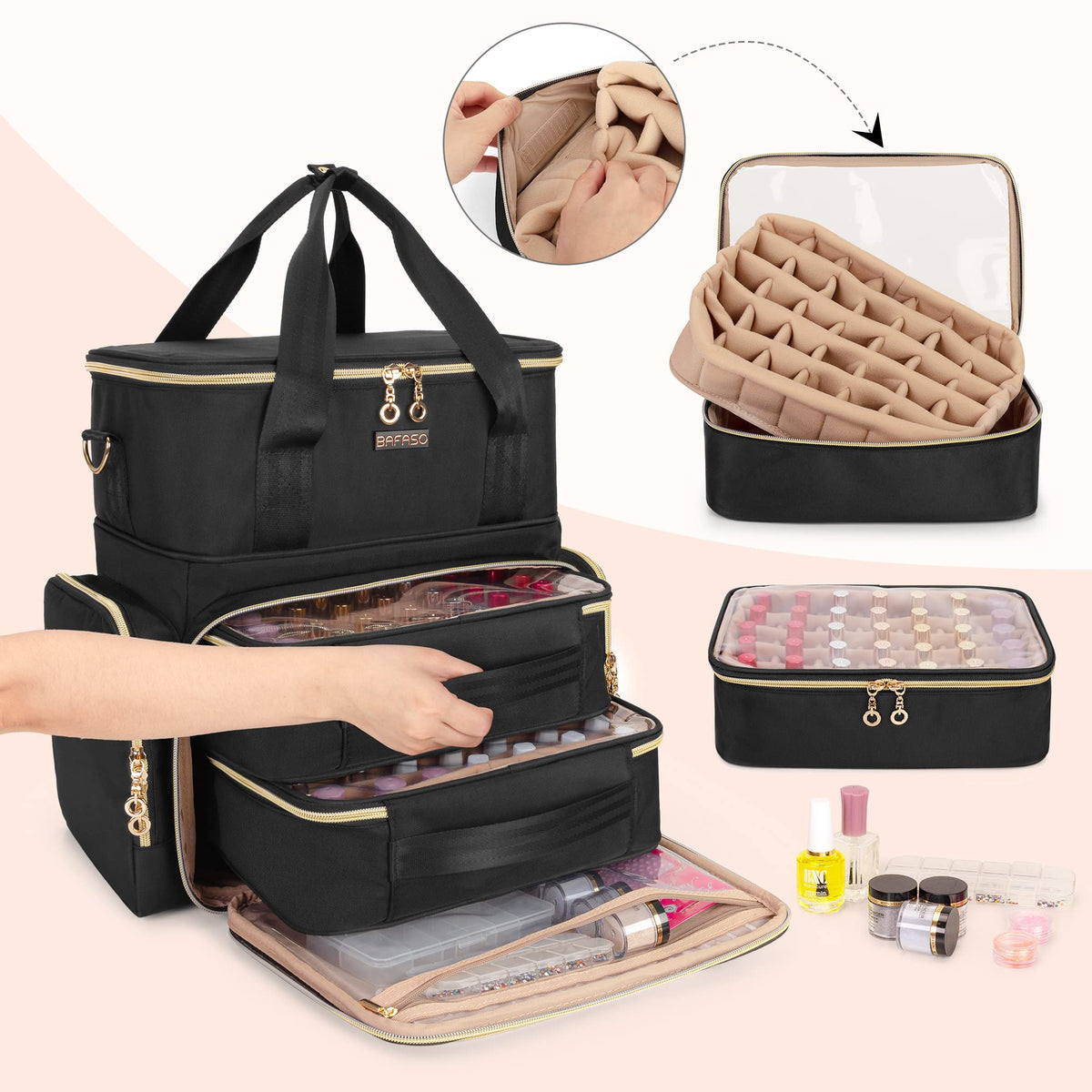 BAFASO open view with two removable pouches showing organized bottles