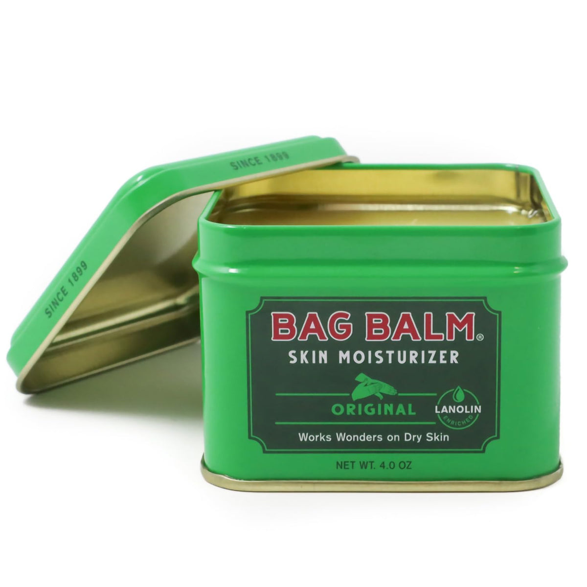 Bag Balm 4oz tin front showing classic Vermont branding and benefit
