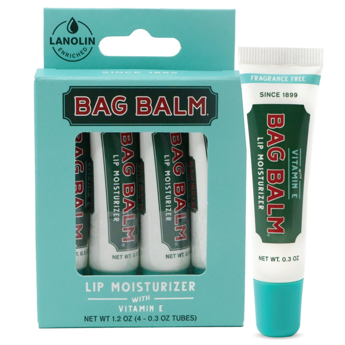 Bag Balm front packaging showing four fragrance free tubes and brand