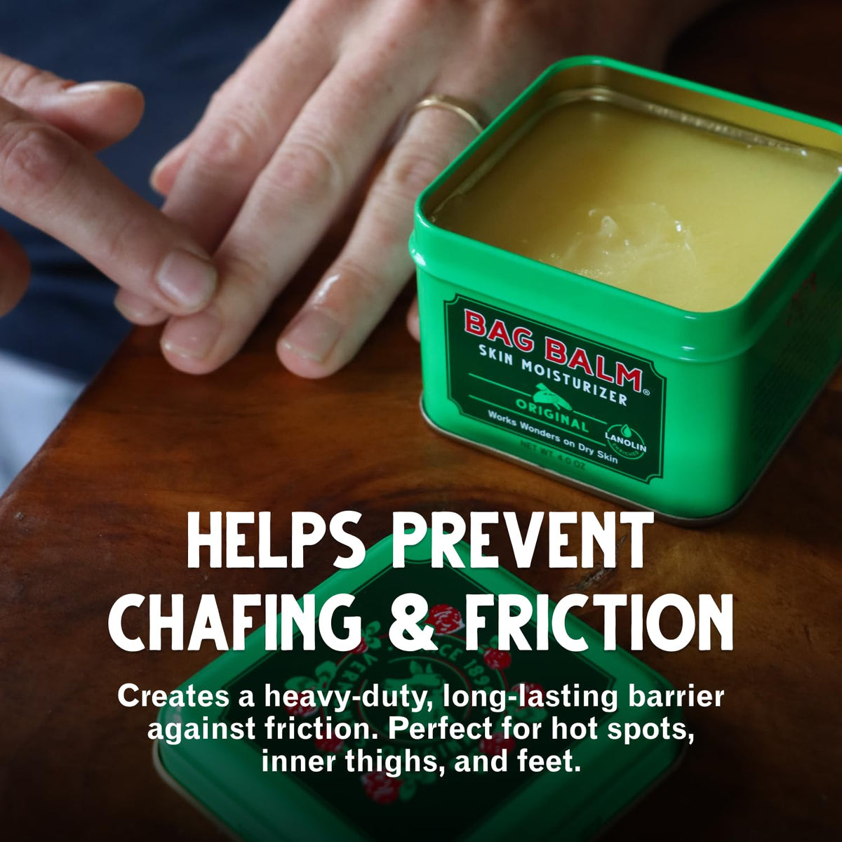 Bag Balm being applied to hands demonstrating soothing hydration benefit