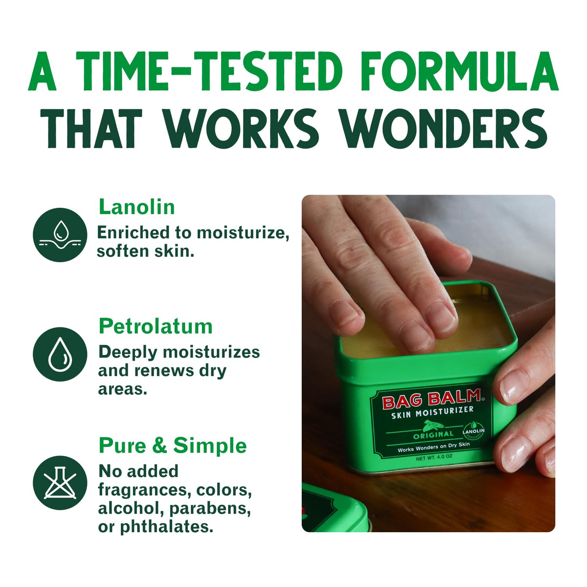 Bag Balm tin side label showing ingredients and made in USA reassurance