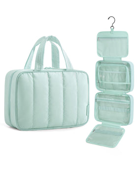BAGSMART front view of baby blue toiletry bag showing compact profile and handle