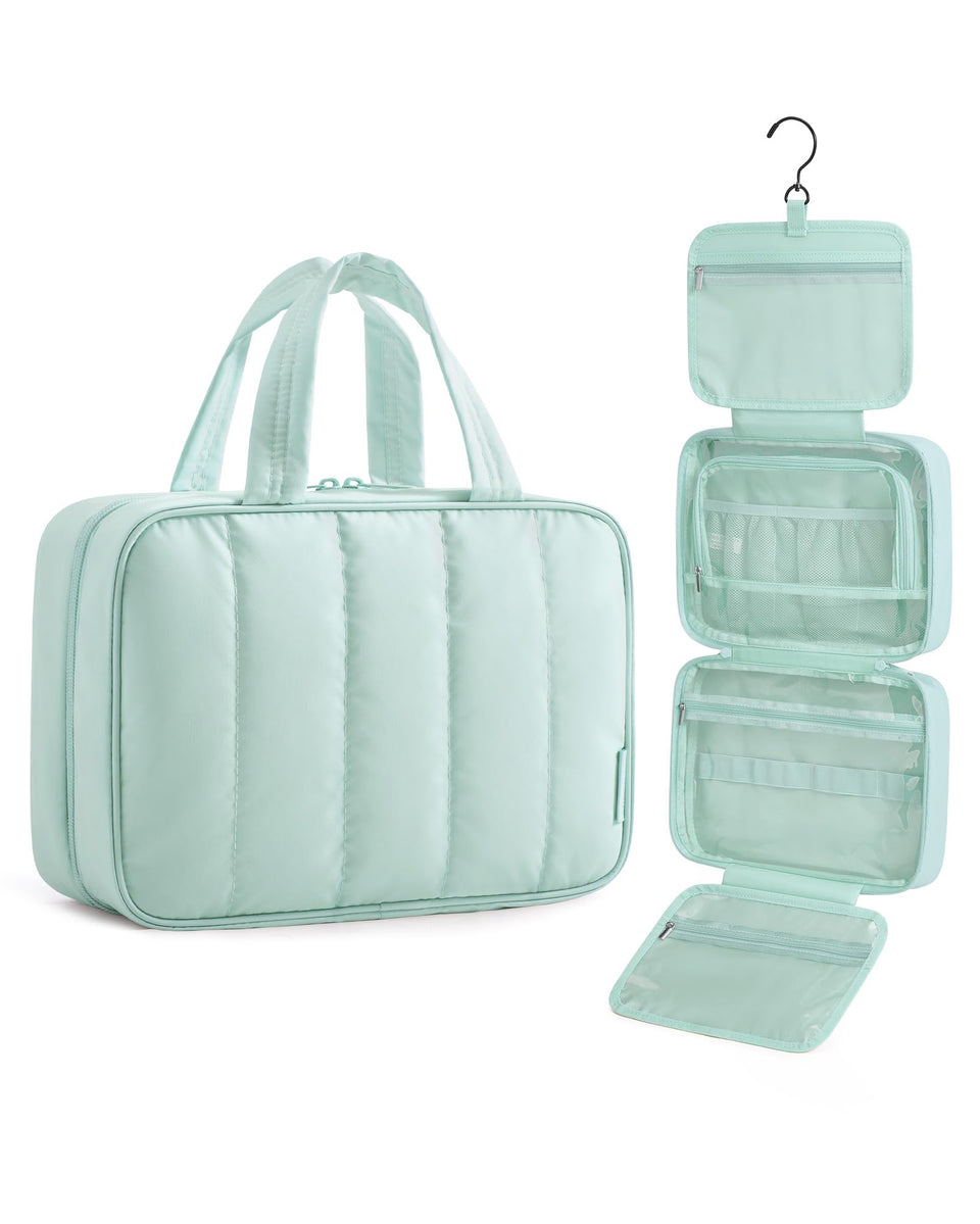 BAGSMART front view of baby blue toiletry bag showing compact profile and handle