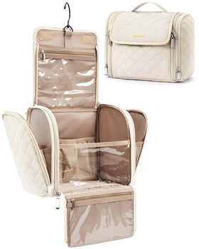 BAGSMART beige bag flatlay lifestyle scene highlighting travel ready convenience
