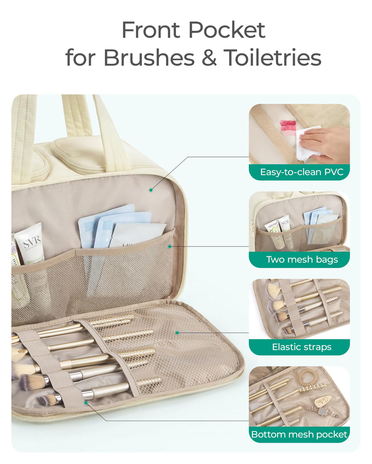 BAGSMART close-up of elastic brush pocket securing makeup brushes