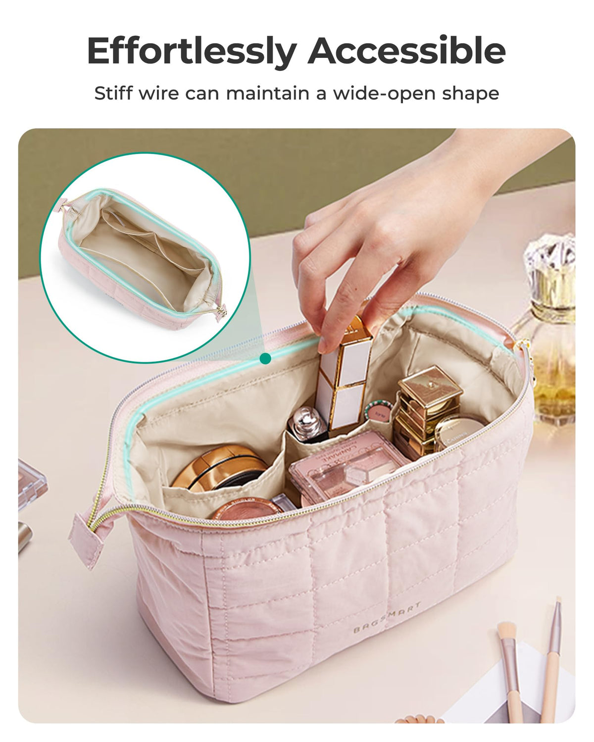 BAGSMART arranged brushes and cosmetics demonstrating organized storage