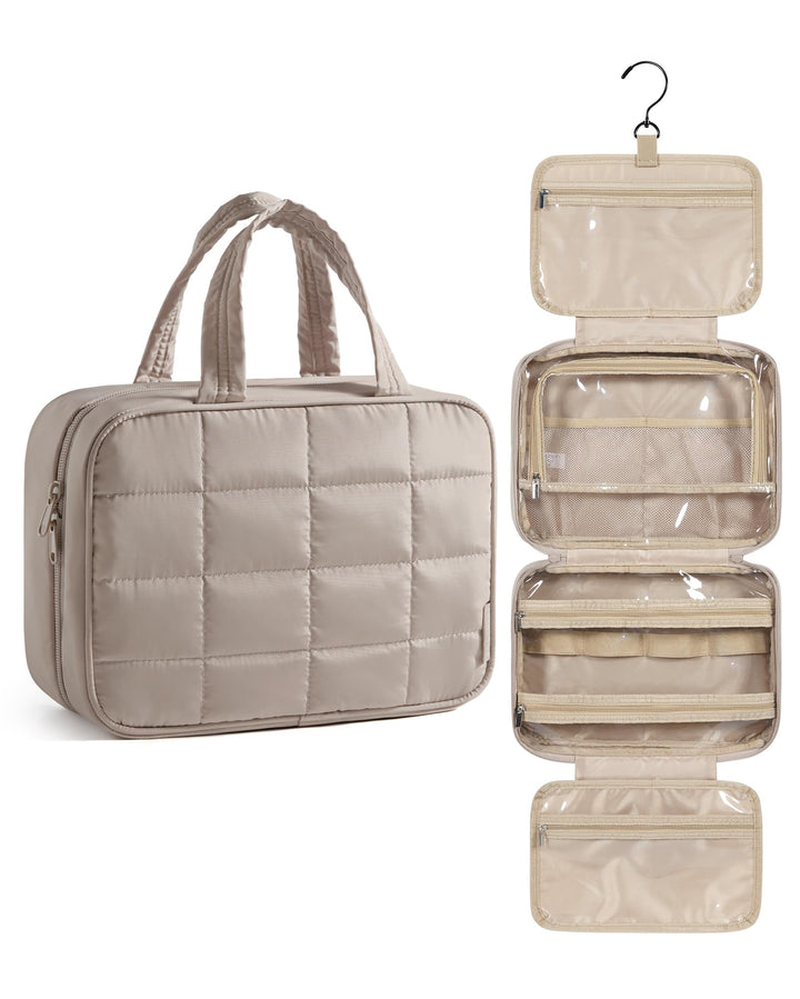BAGSMART camel front view showing compact puffy toiletry bag, easy packing