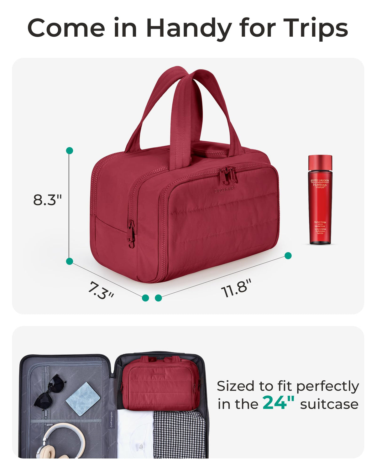BAGSMART center compartment with upright bottles for secure travel organization