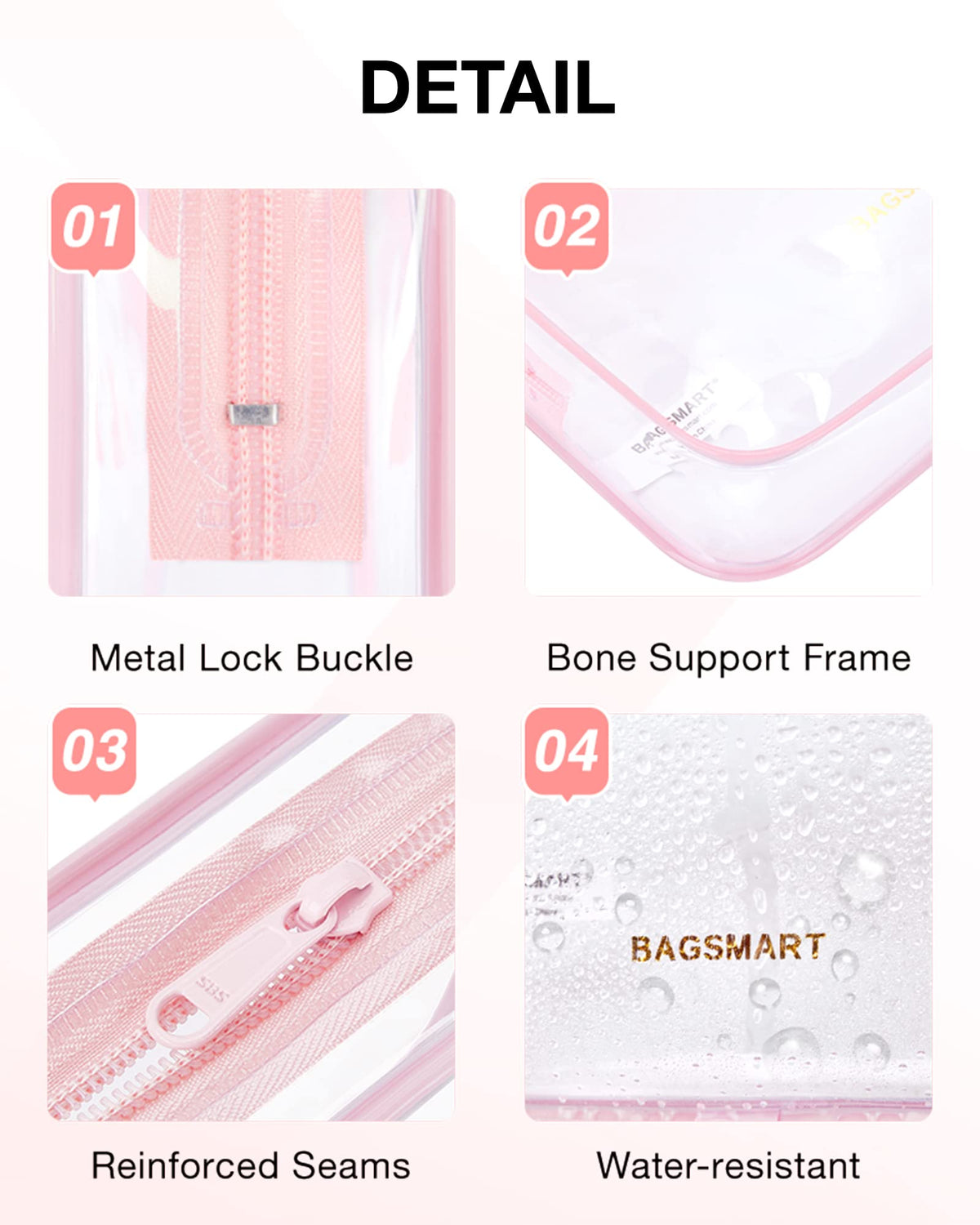 BAGSMART clear pouch filled neatly with bottles showing organization benefit