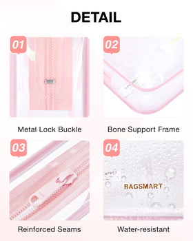 BAGSMART clear pouch filled neatly with bottles showing organization benefit