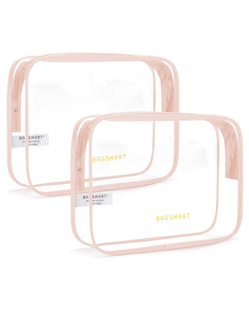 BAGSMART front view of nude-pink clear toiletry bag showing TSA-compliant size and visibility