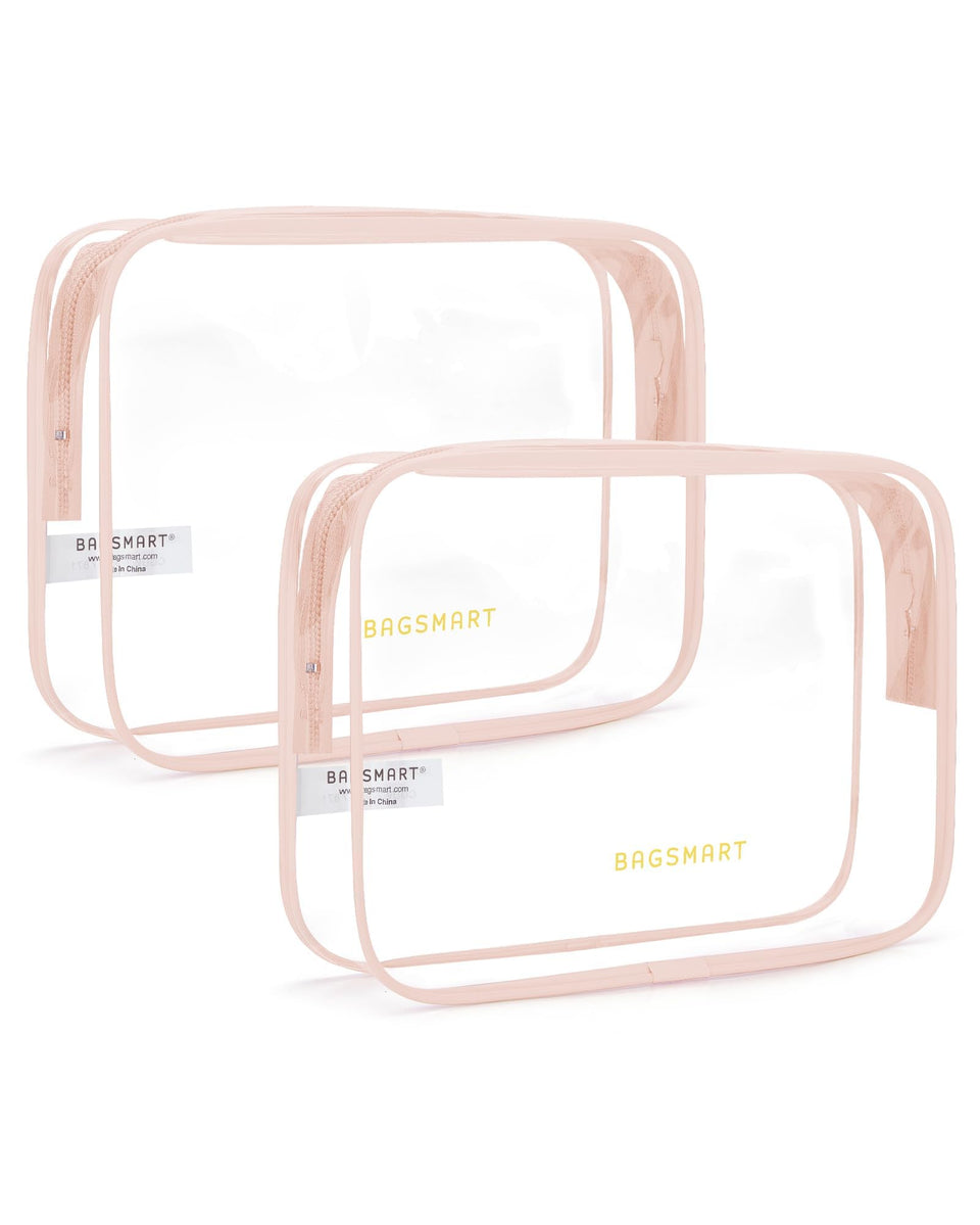 BAGSMART front view of nude-pink clear toiletry bag showing TSA-compliant size and visibility
