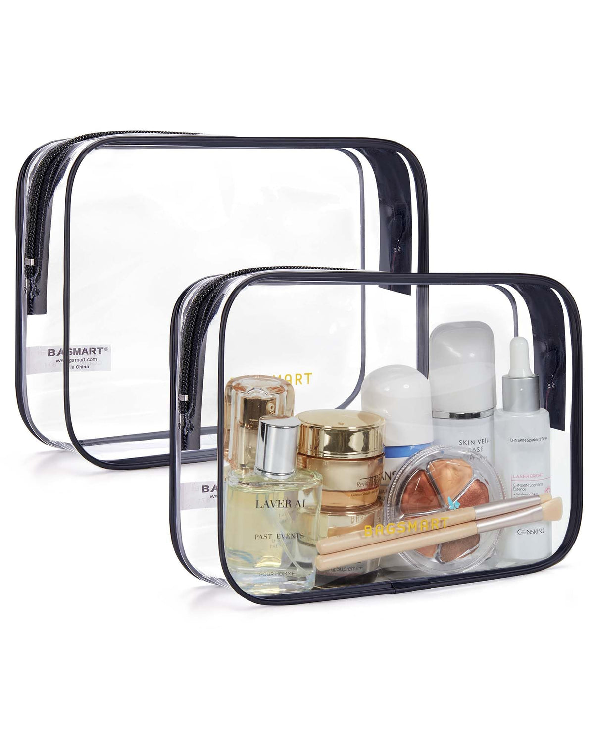 BAGSMART front view of two clear quart-size bags, speeds TSA checks
