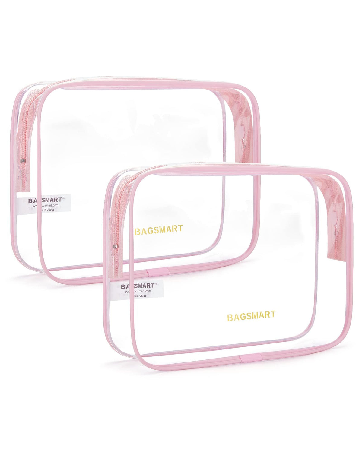 BAGSMART clear toiletry bag front view showing pink pouch and easy airport benefit