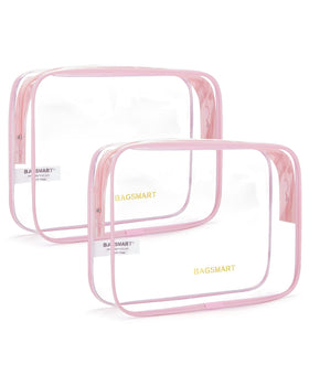 BAGSMART clear toiletry bag front view showing pink pouch and easy airport benefit