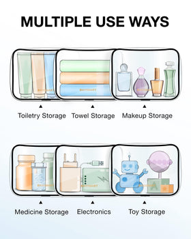 BAGSMART toiletry bag next to travel bottles showing quart-size compliance and capacity