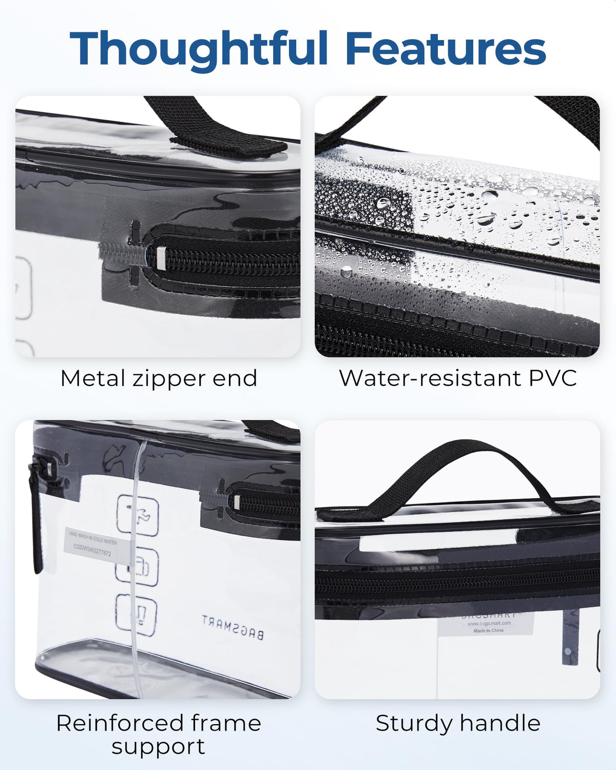 BAGSMART zipper and handle close-up highlighting durable construction benefit