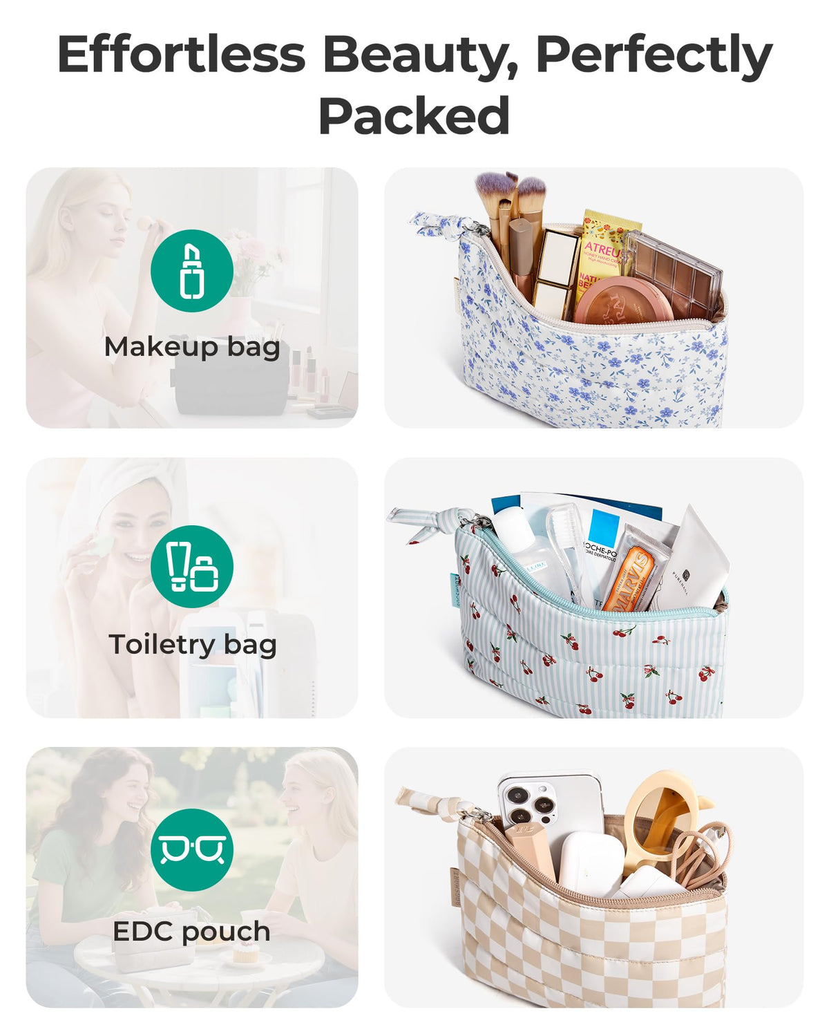 BAGSMART laid flat with lipsticks and earphones, illustrating organized storage capacity
