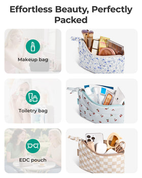 BAGSMART laid flat with lipsticks and earphones, illustrating organized storage capacity