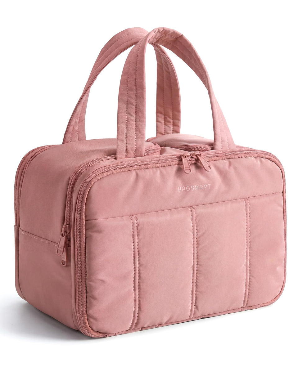 BAGSMART dark pink front overview showing roomy, stylish toiletry bag