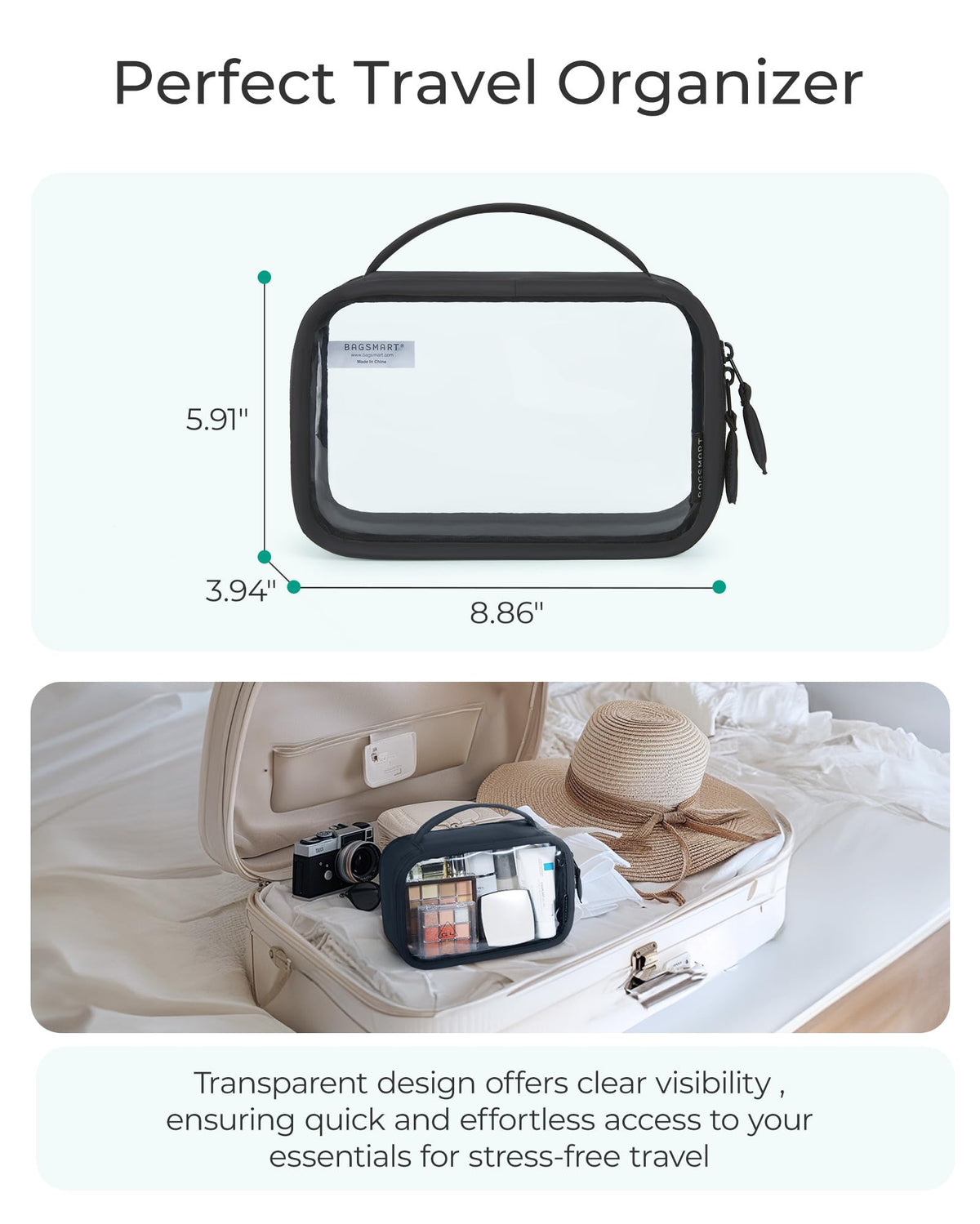 BAGSMART filled with travel bottles illustrating organized storage