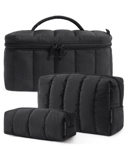 BAGSMART front view of three black bags showing size relationship and neat organization