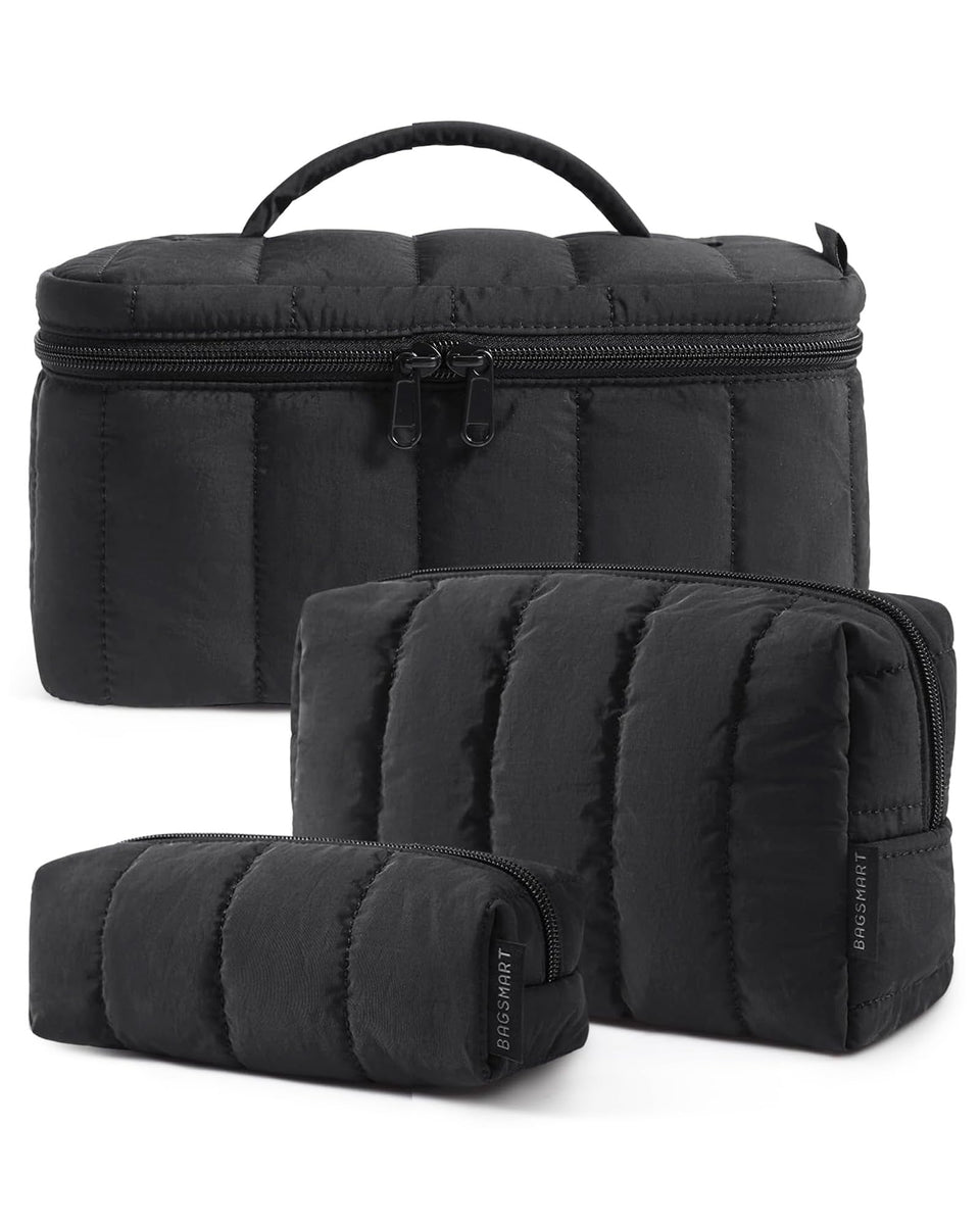BAGSMART front view of three black bags showing size relationship and neat organization