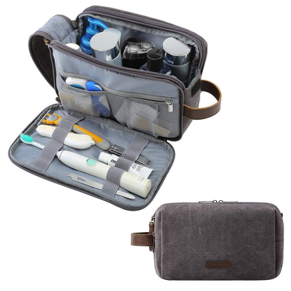 BAGSMART grey canvas toiletry bag front view showing zipper and leather handle for easy carry