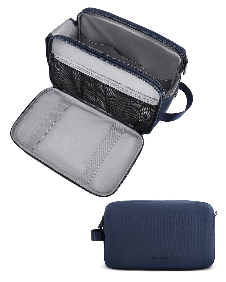 BAGSMART front view showing navy toiletry bag and organized pockets, durable travel convenience