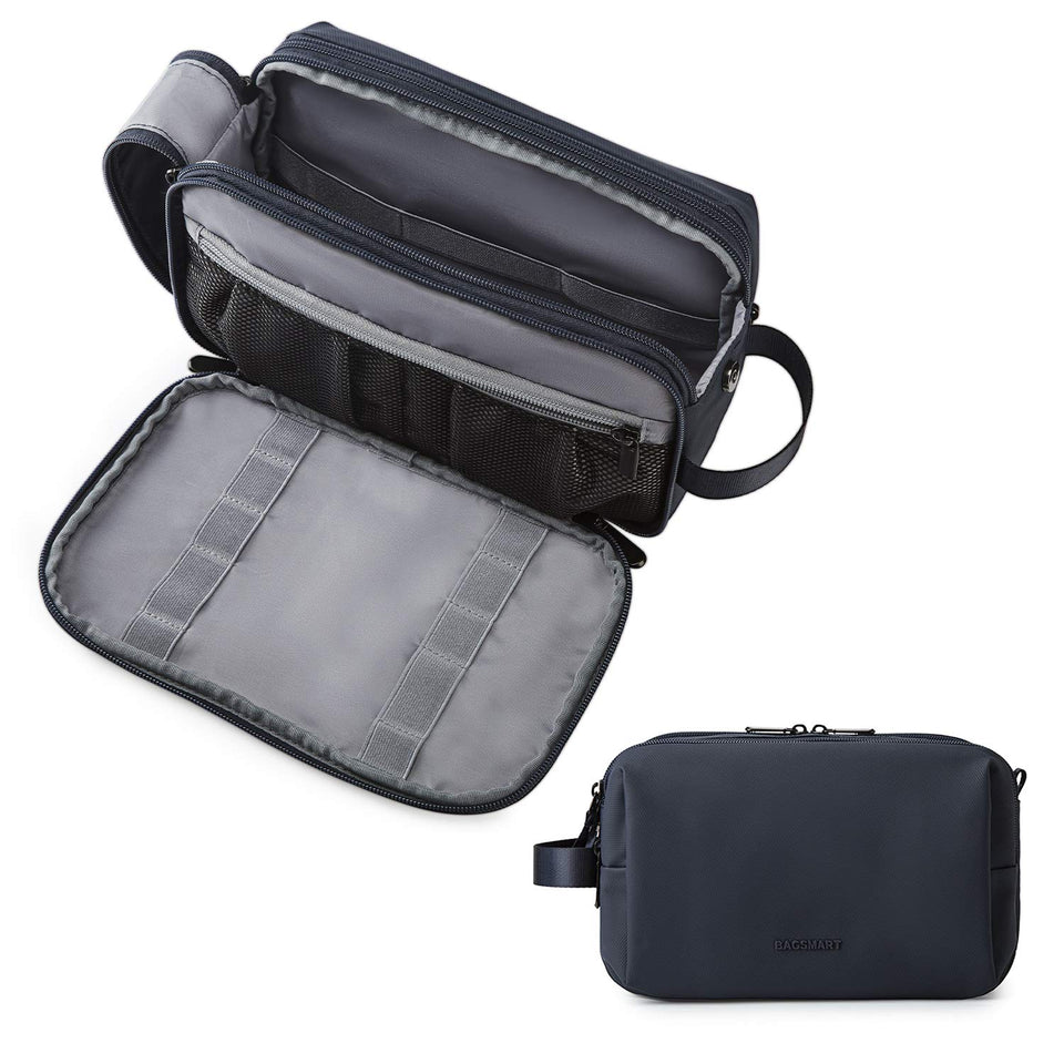 BAGSMART front view of navy toiletry bag showing compact design and organized look