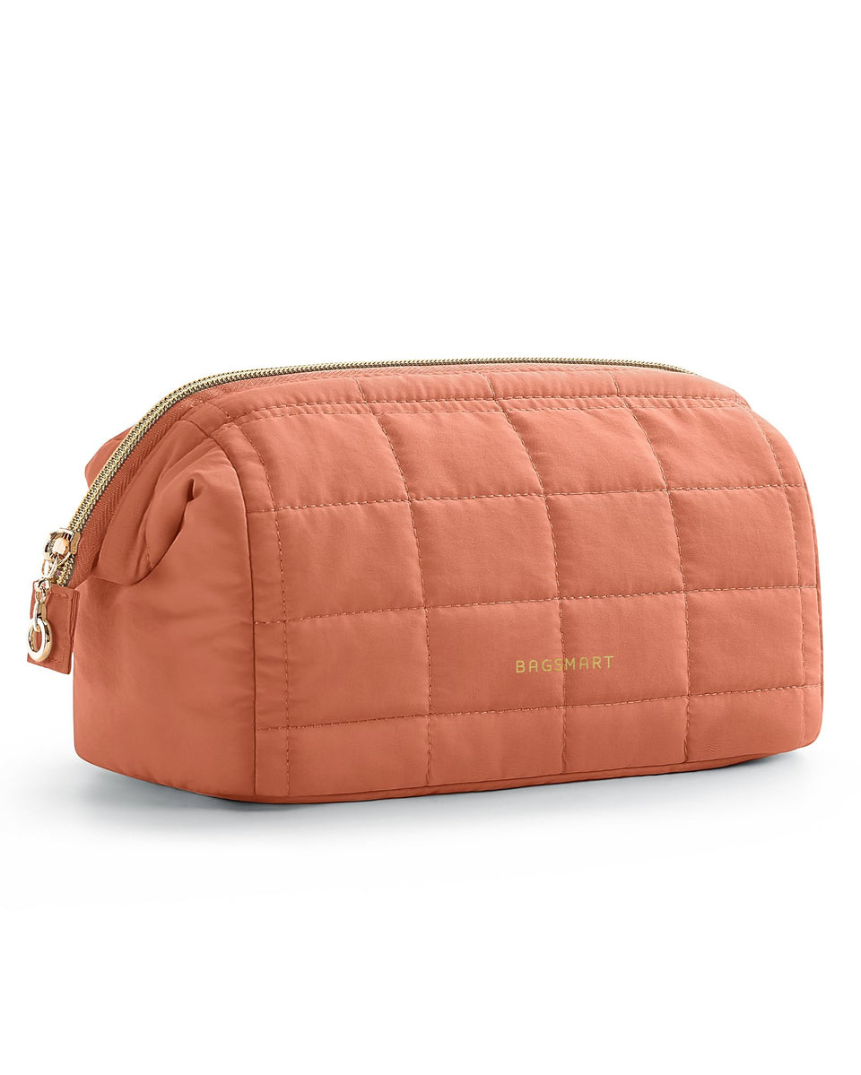 BAGSMART front view apricot pink pouch showing zipper and shape, stylish protection