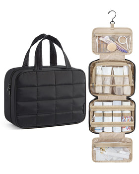 BAGSMART front view of puffy black toiletry bag showing compact shape and accessibility