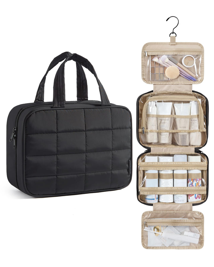BAGSMART front view of puffy black toiletry bag showing compact shape and accessibility