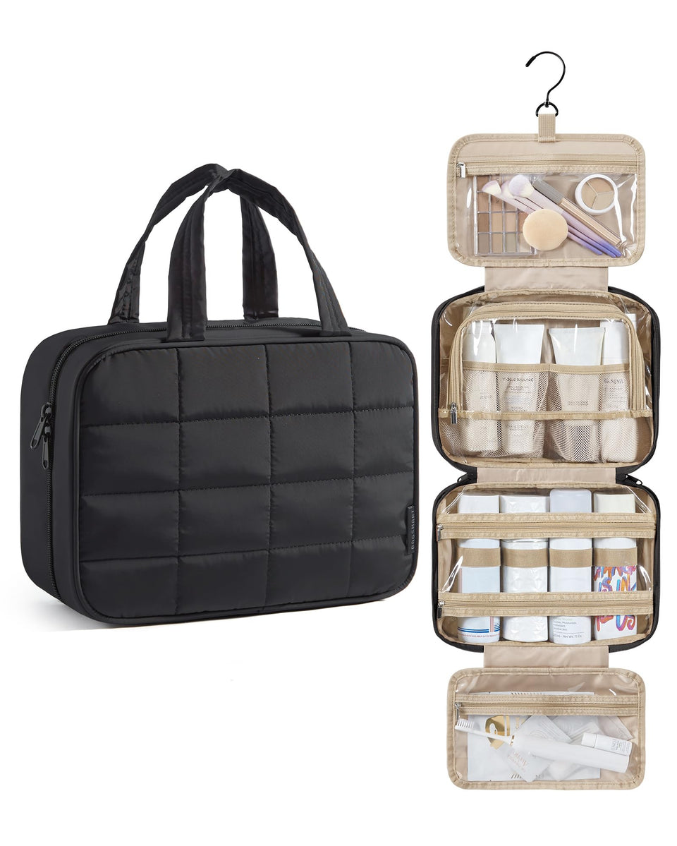 BAGSMART front view of puffy black toiletry bag showing compact shape and accessibility