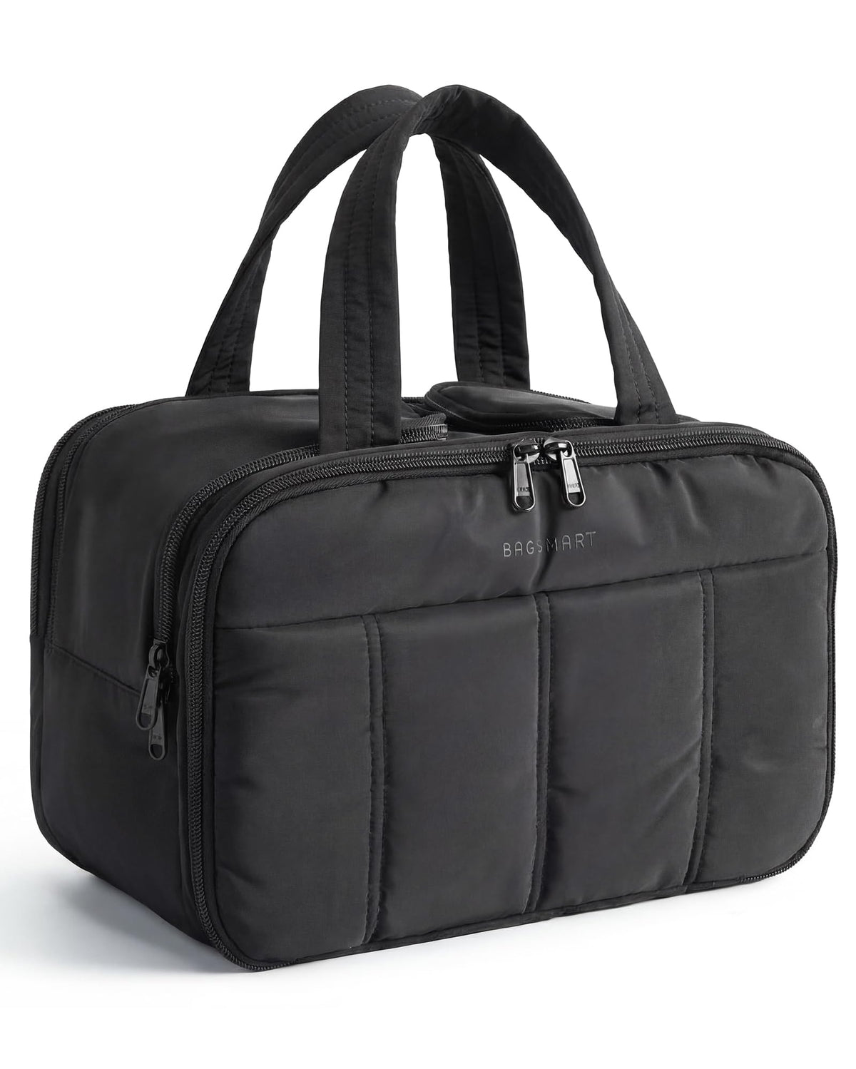 BAGSMART front view of black puffy toiletry bag showing roomy exterior and handle for easy carry
