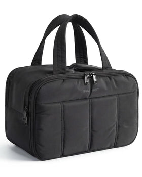 BAGSMART front view of black puffy toiletry bag showing roomy exterior and handle for easy carry