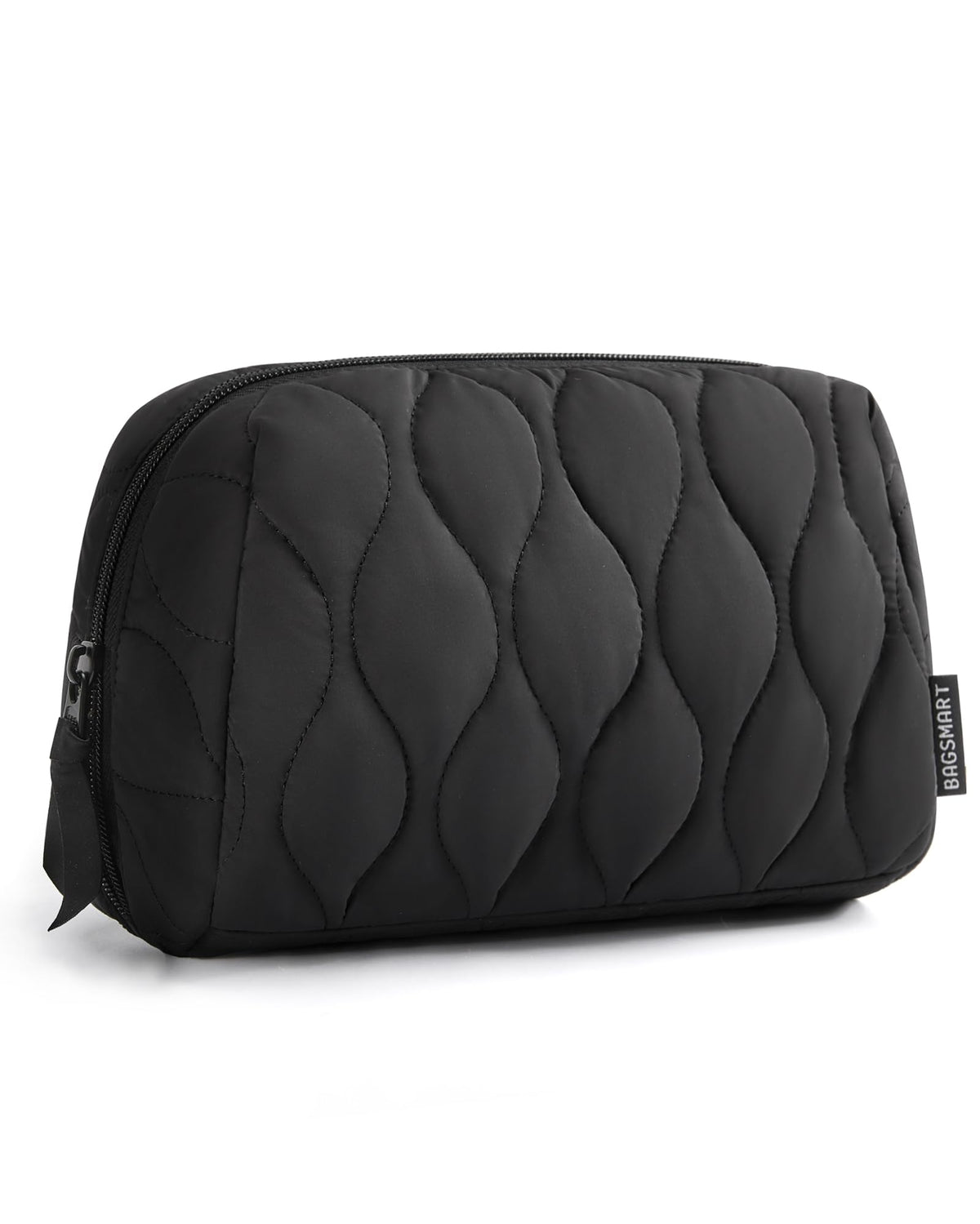 BAGSMART front view of black puffy makeup bag showing sleek shape and zipper convenience