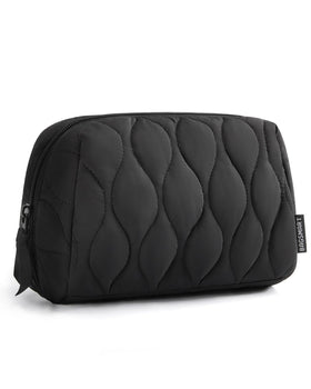BAGSMART front view of black puffy makeup bag showing sleek shape and zipper convenience