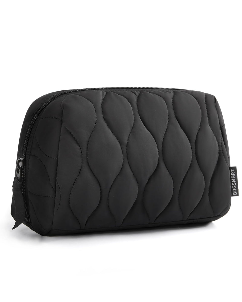 BAGSMART front view of black puffy makeup bag showing sleek shape and zipper convenience